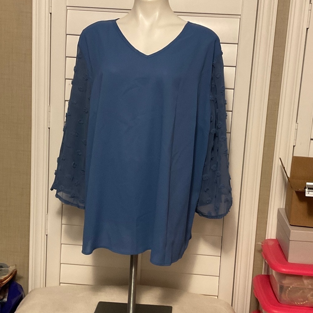 SHEIN Blue V-Neck Blouse with Sheer Sleeves